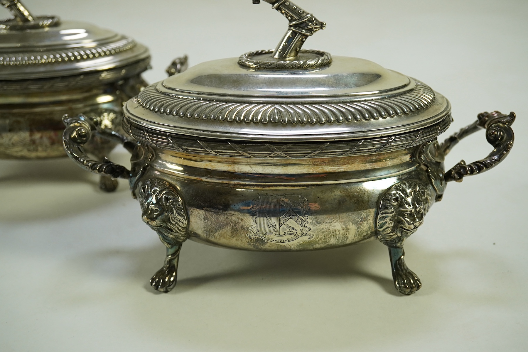 A pair of George III silver two handled oval sauce tureens and covers, by Robert Garrard I